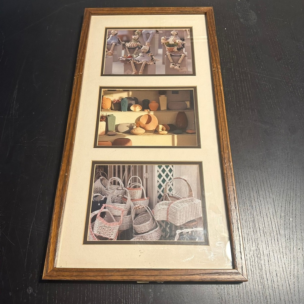 Vintage Triptych Framed Art Pottery Baskets Cat Dolls Wood Frame Wall Decor